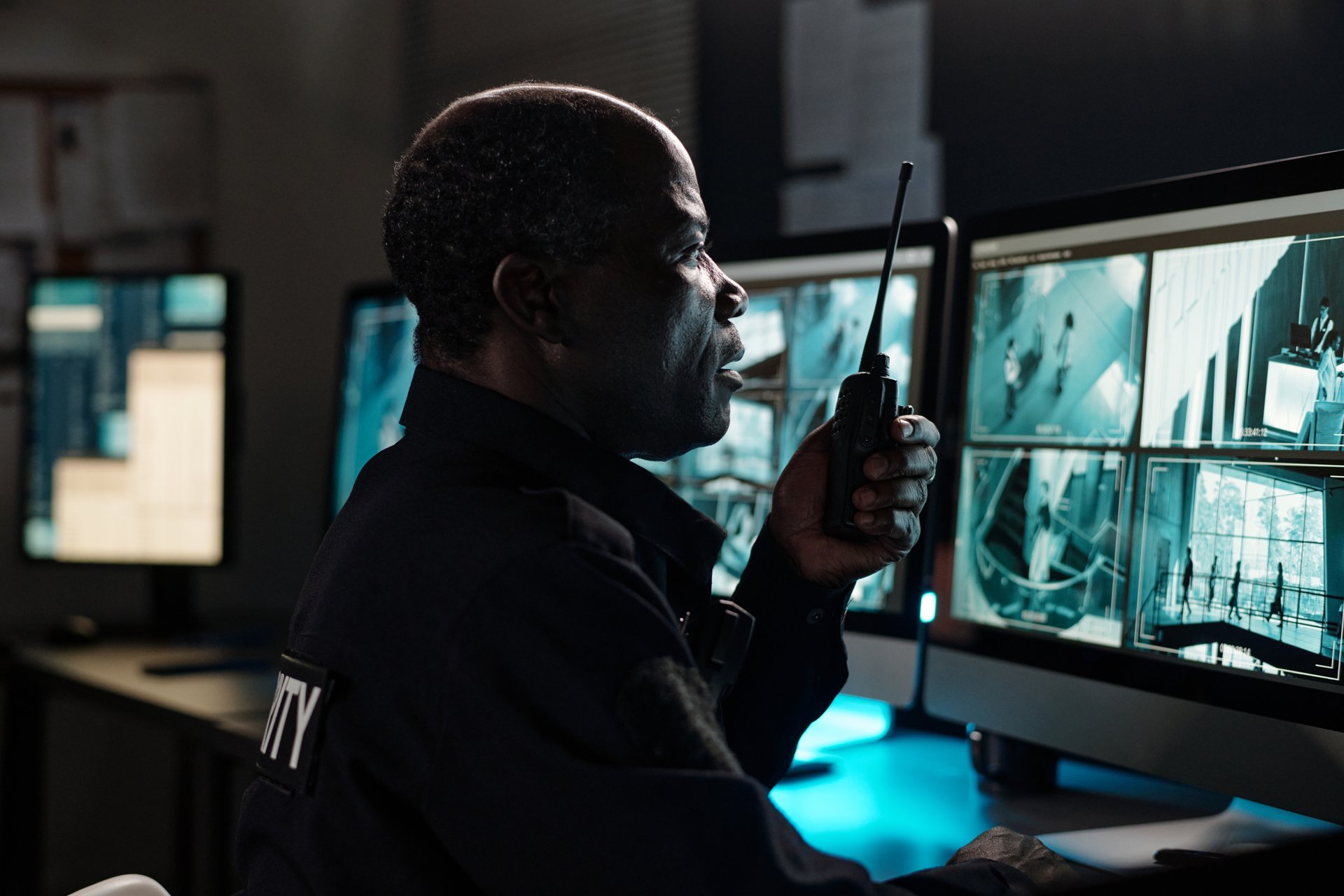 Security officer monitoring surveillance
