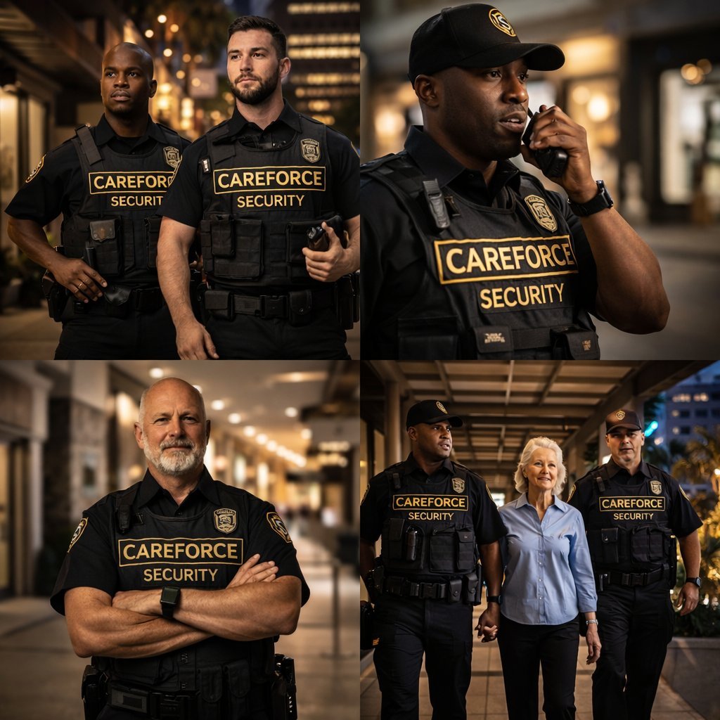 Collage of security personnel wearing black Careforce Security uniforms and vests in various indoor settings and poses