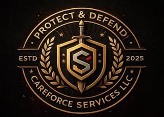 Gold emblem for Protect & Defend CarForce Services LLC, established 2025, featuring a hexagonal shield with sword and laurel wreaths on black background